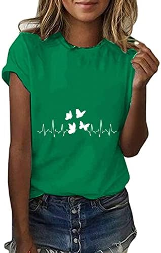 Yeşil Gömlek Kadınlar için Sevimli Kelebek Gömlek Kısa Kollu Crewneck Casual Hippi Yaz Üstleri Retro Grafik Tees Bluz