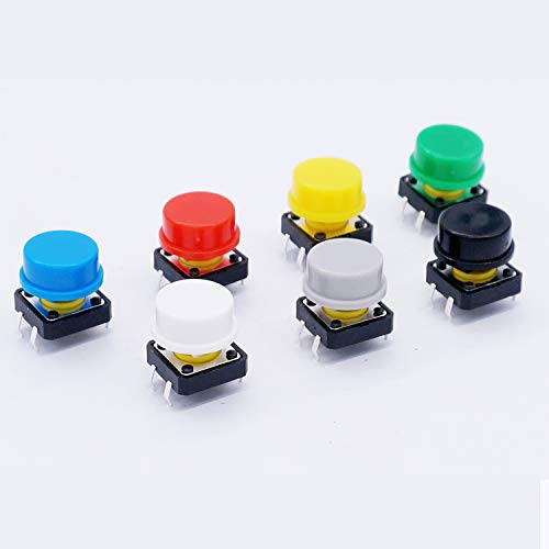 TWTADE / 70 adet 4 Pin İnceliğini Dokunsal basmalı düğme anahtarı Anlık 12x12x7.3mm Çok Renkli Anahtar Kapağı (Her Renk 10 adet)