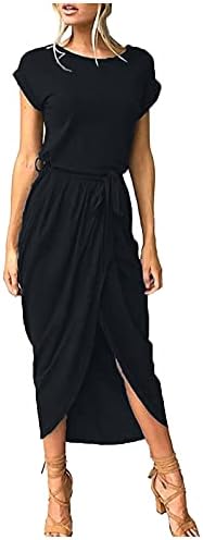 NOKMOPO Uzun Kollu Maxi Elbise Kadınlar için Rahat Düz Renk Uzun Kollu Kemer İnce Düzensiz Elbise