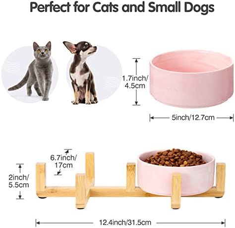 Ahşap Standlı ve Kaymaz Silikon Pedli Pawaboo Seramik Köpek Kedi Maması ve Su Kaseleri Seti, Küçük Boy Köpekler ve Kediler için Modern