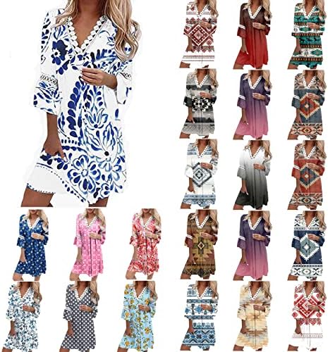 Kadın Bahar Elbiseler 2023 Rahat 3/4 Kollu V Yaka Dantel Panelli Sundress Çiçek Baskı Bohemian Tatil Elbiseler