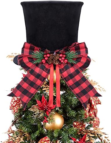 codree Noel Ağacı Topper Şapka, Kırmızı Buffalo Ekose Fiyonklu Noel Ağacı Dekoratif Silindir Şapka-Kış Tatili için Çam Kozalağı Meyveli