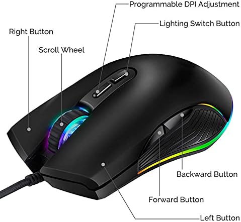 Yoıdesu Kablolu RGB Fare, Bilgisayar Oyun Fareleri, 4 RGB Baklight, 3200 dpi'ye kadar, ayarlanabilir ışık, Windows,PC,Mac,Dizüstü Bilgisayar