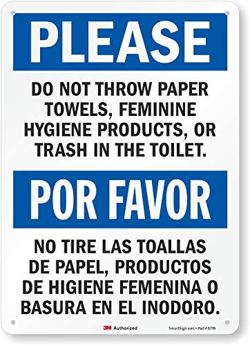 SmartSign 7 x 5 Kağıt Havlu, Kadın Hijyen Ürünleri, Tuvalete Çöp Atmayın İki Dilli Etiket Etiketleri 4'lü Paket, SuperStick Yapışkanlı