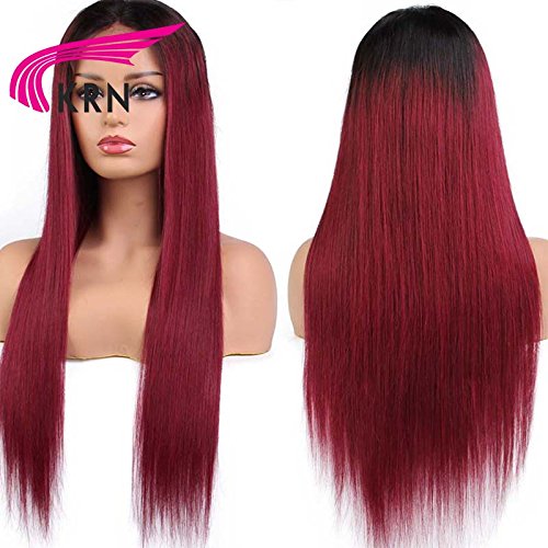 KRN Tam sırma insan saçı Peruk Afrika Amerikan Peruk Ombre Kırmızı Remy Bakire Düz Saç Siyah Kadınlar ıçin (18 inç, 150 % dantel ön