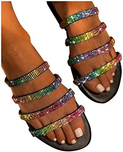 Bayan Terlik Yaz kadın Kayma Açık Ayakkabı Terlik Yuvarlak Yaz Ayak Gökkuşağı Kristal Düz Sandalet Kadınlar için Sandalet Üzerinde