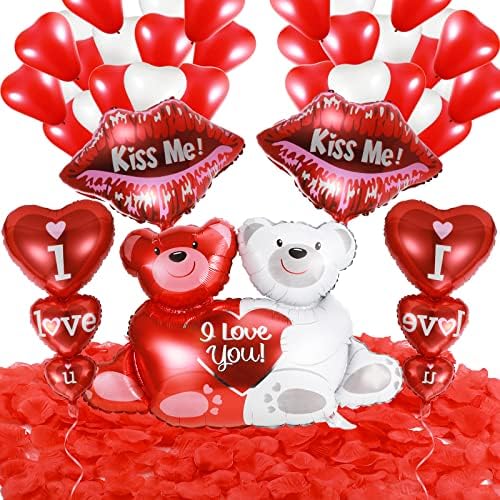 Civaner 25 Adet Kırmızı Kalp Balonları Seni Seviyorum Sevgililer Günü 2000 Gül Yaprakları 40 İnç Ayı Balonu ve Düğün Partisi Dekorasyonu