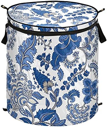 Mavi Çiçek Çiçekler Pop Up çamaşır sepeti kapaklı Katlanabilir Depolama Sepeti Katlanabilir çamaşır torbası Kamp Ev Organizasyonu için
