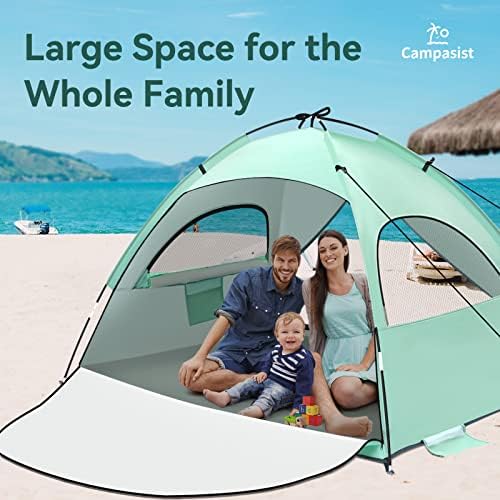 Kampçı Plaj Çadırı, UPF 50 + UV Korumalı 2-3 Kişilik Plaj Çadırı Güneş Gölge Barınağı, Çift Kapılı, 2 File Pencereli, Kum Torbalı,
