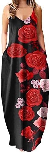 Uzun Spagetti Kayışı yaz elbisesi Çiçek Baskı V Boyun Kolsuz Güneş Elbiseler Casual Maxi Elbise Cepler ile