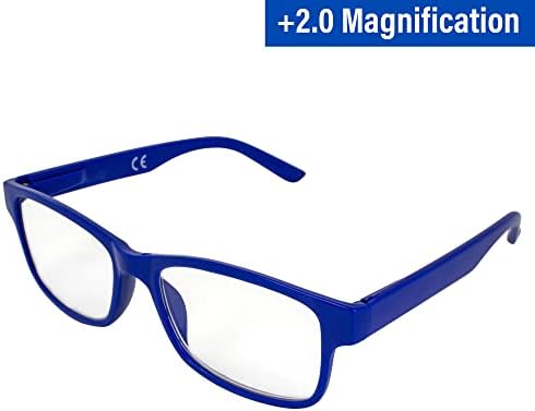 Küresel Görüş okuma gözlüğü + 2.0 Büyütme Mavi Çerçeve w/Şeffaf Lens ve Eşleşen Polarize Klipsli Gölgeler