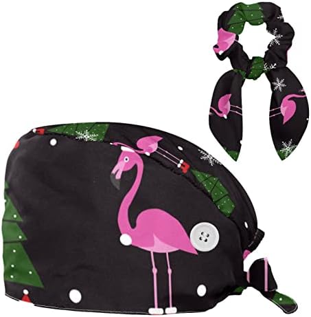 Cerrahi Kapak Kabarık Kapaklar Çalışma Kapağı Düğmeler ve Yay ile Saç Scrunchie Noel Pembe Flamingo Noel Ağacı Kar Tanesi
