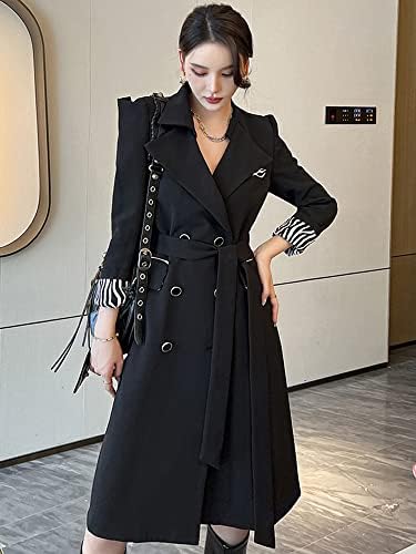 HSQIBAOER Dokuma Bahar Sonbahar Kadın Ceket Ceket Kruvaze Kuşaklı Siyah Resmi Cepler Şık Giyim Rüzgarlık
