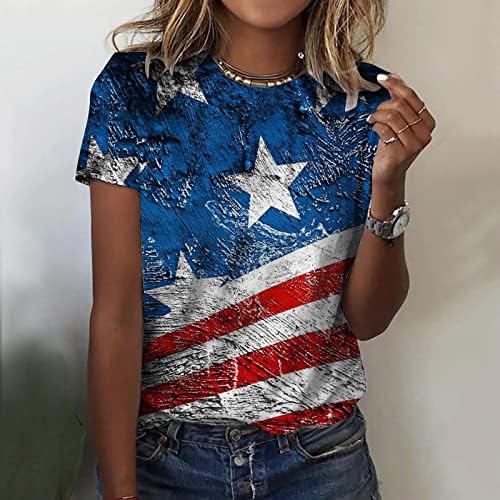 4th Temmuz Gömlek Kadın ABD Bayrağı Yaz Kısa Kollu O-Boyun Tunik Üstleri Yıldız Çizgili Gevşek Fit Casual Parti Gömlek Tunik Üstleri