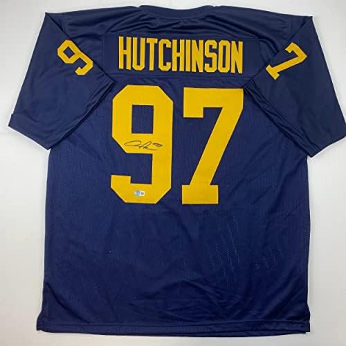 İmzalı / İmzalı Aidan Hutchinson Michigan Mavi Kolej Futbol Forması Beckett BAS COA