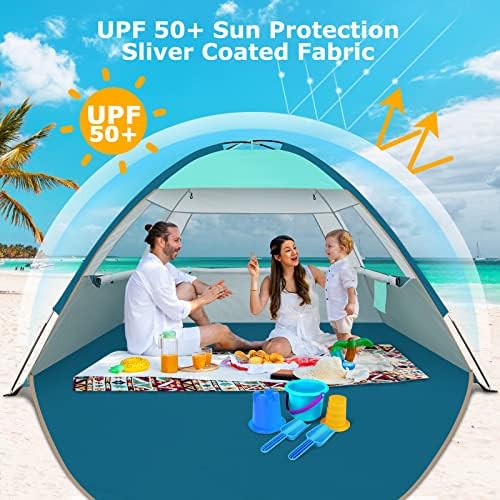 COMMOUDS Plaj Çadırı Güneş Gölge için 3/4-5/6-8/8-10 Kişi, UPF 50 + Plaj Güneş Barınak Gölgelik Çadır, Hafif, Kolay Kurulum ve Taşıma