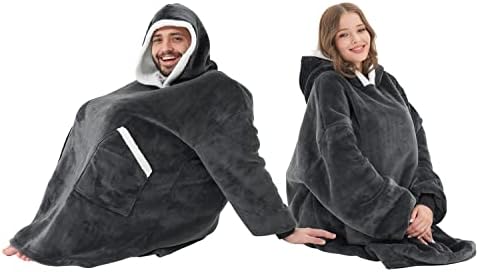 Qeıls Boy Giyilebilir Battaniye Hoodie / Kapüşonlu Battaniye Kazak ile Derin Cepler, Rahat Sıcak Polar Sherpa Battaniye, Yetişkinler