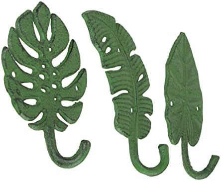 Zeckos 3 Set Dökme Demir Yeşil Tropikal Yaprak Dekoratif Duvar Dekor Kanca havlu askısı Raf