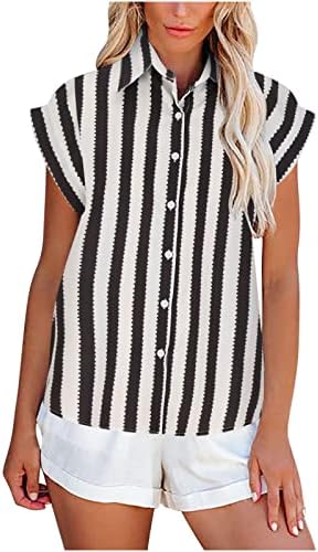Yazlık gömlek Kadınlar için Çizgili Kap Kollu Yaka boyun üstleri Düğme Hırka Tunikler Moda Gevşek Fit Bluzlar