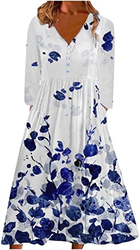 Henley Elbise Uzun Kollu Kadınlar için, Baskı Rahat Artı Boyutu V Yaka Düğmesi Uzun Kollu Tatil Cepler Maxi uzun elbise
