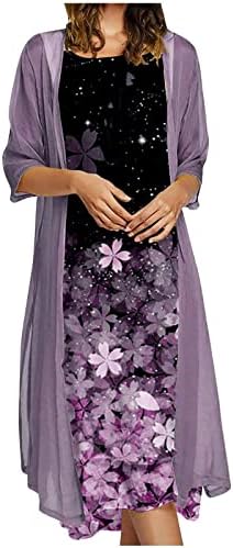Kadın Keten Maxi Elbise Çiçek Baskı Flowy Düzensiz Hem Kolsuz Elbise Uzun Ceket ile 2 Parça Set Düğün Konuk