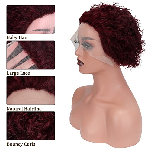 LBAYOHO Kısa Kıvırcık dantel ön Peruk İnsan Saçı Peri Kesim Şarap Kırmızı kısa kıvırcık insan saçı Peruk 150 % Yoğunluk Bordo Peruk