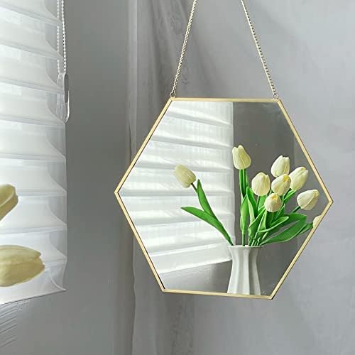 LONGWİN Asılı Duvar Altıgen Ayna Dekor Altın Geometrik Ayna Zinciri ile Banyo Yatak Odası Oturma Odası için 15.7x 13.6