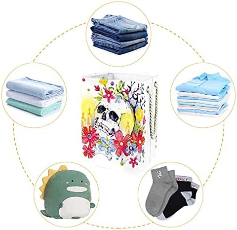 Su geçirmez çamaşır sepeti Büyük Katlanabilir çamaşır sepeti Kolu İle 4 Ayrılabilir Çubuk, Suluboya Kafatası ve Çiçekler Yatak Odası