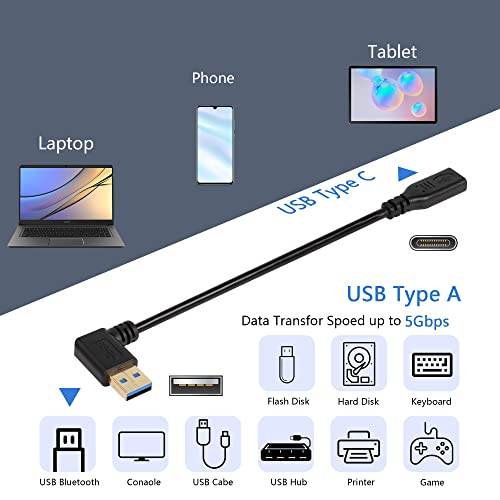 CERRXİAN 20 cm 90 Derece USB A 3.0 Erkek USB Tip C 3.1 Dişi Kablo, sağ Açı USB Tip A USB C Veri Senkronizasyonu ve Şarj Kısa Kablo