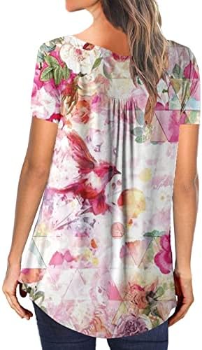 Büyük boy Çiçek Tunik Üstleri Kadınlar için Kısa Kollu V Boyun Pilili T-Shirt Düğmeleri Tunik Gömlek Henley Bluz 3XL-5XL