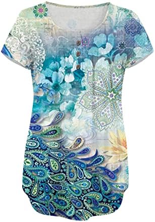 Büyük boy Çiçek Tunik Üstleri Kadınlar için Kısa Kollu V Boyun Pilili T-Shirt Düğmeleri Tunik Gömlek Henley Bluz 3XL-5XL