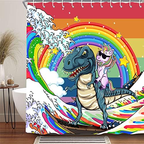 Çocuklar için komik Unicorn Sürme Dinozor Duş Perdesi, Eşcinsellik LGBT Banyo Perdesi, gökkuşağı Gurur Japon Asya Anime Okyanus Dalgası