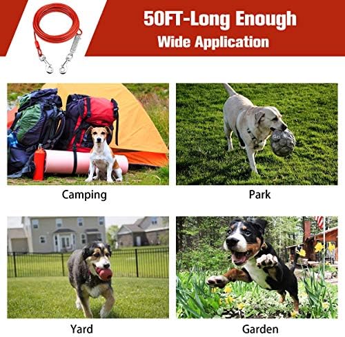 50ft Köpek Kravat Out Kablo ile Şok Emici Bahar ve Metal Döner Kanca Orta Büyük Köpekler için kadar 220lbs için Kamp Parkı Yard Bahçe