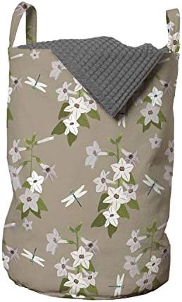Ambesonne Yusufçuk Çamaşır Torbası, İlkbaharda Yasemin Çiçeklerinin Çiçek Kompozisyonu Çizimi, Çamaşırhaneler için İpli Kulplu Sepet,
