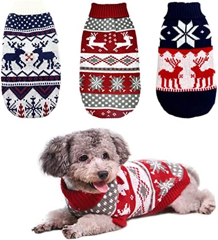 CooShou 3 Pcs Noel Köpek Kazak Kostüm Noel Kedi Triko Giyim Lacivert Beyaz ve Noel Kırmızı Kazak Ren Geyikleri ile Kar Taneleri Desen