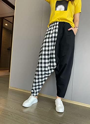 Kadın Ekose Patchwork Kontrast Renk Çapraz Pantolon Bırak Crotch Harem Joggers Hip Hop Streetwear Bloomers 1 M