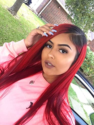 Ombre Kırmızı Dantel ön peruk s Düz 13x4 Sentetik dantel ön peruk Moda Kadınlar için Uzun Düz Fiber Saç İsıya Dayanıklı Tam Peruk 24