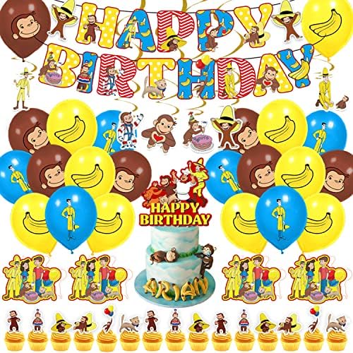 Maymun Parti Malzemeleri, Karikatür Maymun Doğum Günü Partisi Seti İçerir Doğum Günü Afiş, Asılı Swirls, Balonlar, Davetiye, Kek Toppers,