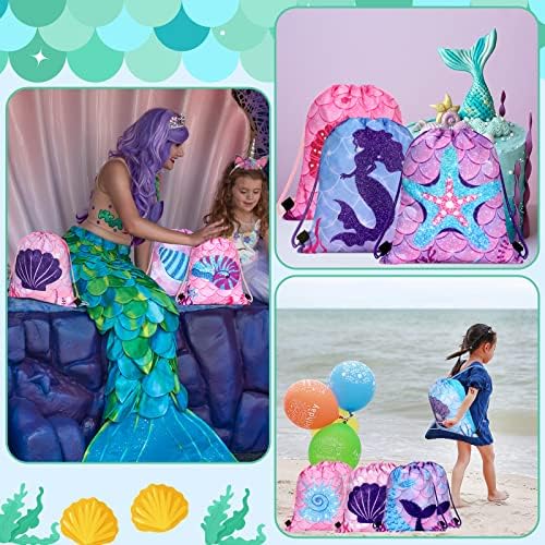 16 Adet Mermaid İpli Sırt Çantası Mermaid Parti Favor Çanta Şeker Hediyeler Çuval Doğum Günü Partisi Mermaid Goodie Çanta Deniz Altında
