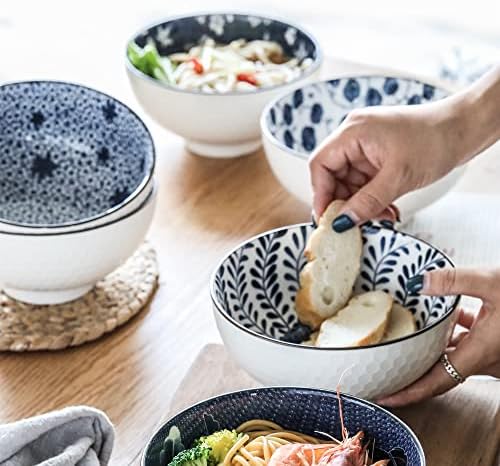 Swuut Japon Tarzı Seramik Tahıl Kaseleri, 24 Ons Salata, Çorba, pirinç kasesi Seti, Mavi ve Beyaz (6 inç)