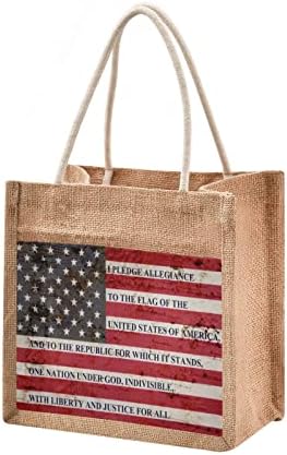 Amerikan Bayrağı Vatansever Rehin Jüt Tote Çanta ABD Yıldız Çizgili 4 Temmuz Yeniden Kullanılabilir Bakkal Alışveriş Çantası Çuval