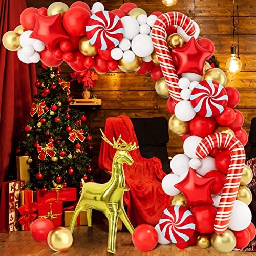 Noel Balonları Garland Kemer Seti, Kırmızı Beyaz Metalik Altın Balon Garland, Folyo Ren Geyiği Şeker Kamışı Balonları, Noel Süsleri