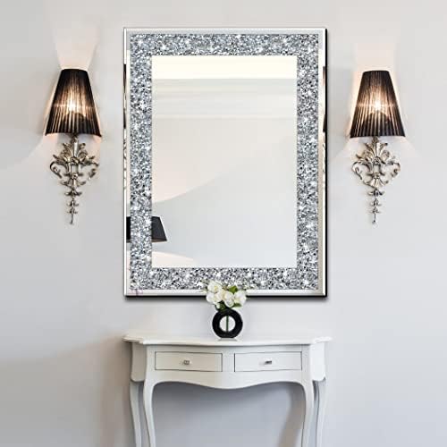 QMDECOR Kristal Ezmek Elmas Dikdörtgen Gümüş Ayna Duvar Dekorasyonu için 24x32 inç Duvar Asmak Çerçevesiz Ayna Akrilik Elmas Dekor.