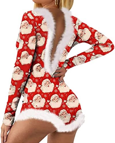 Kadınlar için cadılar bayramı Tulumlar Butt Flap Gnome Santa Baskı Derin V Boyun Onesie Tulum Bodysuit Pijama Noel Romper