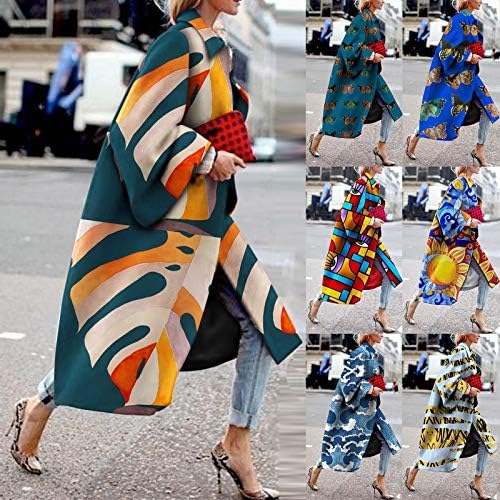 SERYU Moda Kadın Baskılı Cep Ceket Dış Giyim Hırka Palto Uzun Trençkot
