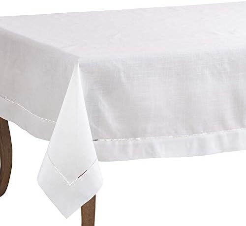 Fennco Stilleri Klasik Düz Renk Hemstitched Sınır Masa Örtüsü yemek masası, Ziyafet, Düğün, Aile Yemeği 70x180 İnç, beyaz