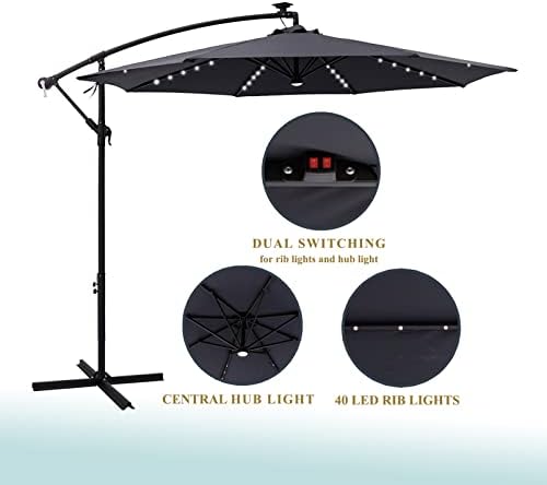 Jarka & Co 10 ft Güneş Enerjili Asılı Ofset Konsol Veranda Şemsiye Açık LED ışıkları ve Çapraz Taban Standı, antrasit