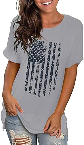 Vatansever Gömlek Kadınlar için ABD Bayrağı Yaz Kısa Kollu V Yaka Gömlek Çizgili Yıldız Gevşek Fit Rahat Tatil Gömlek Tunik Üstleri