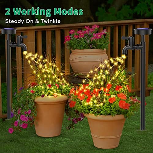2 Paket güneş bahçe ışıkları dekoratif musluk dize ışıkları ile, 2 aydınlatma modları bahçe dekor su geçirmez güneş enerjili LED peri