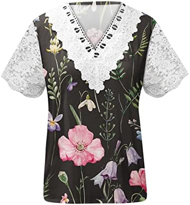 Kadın Yaz Üstleri Dantel Trim V Boyun Tişörtleri Temel Gömlek Moda Çiçek Baskı Tunik Tee En Şık Rahat Rahat Bluz